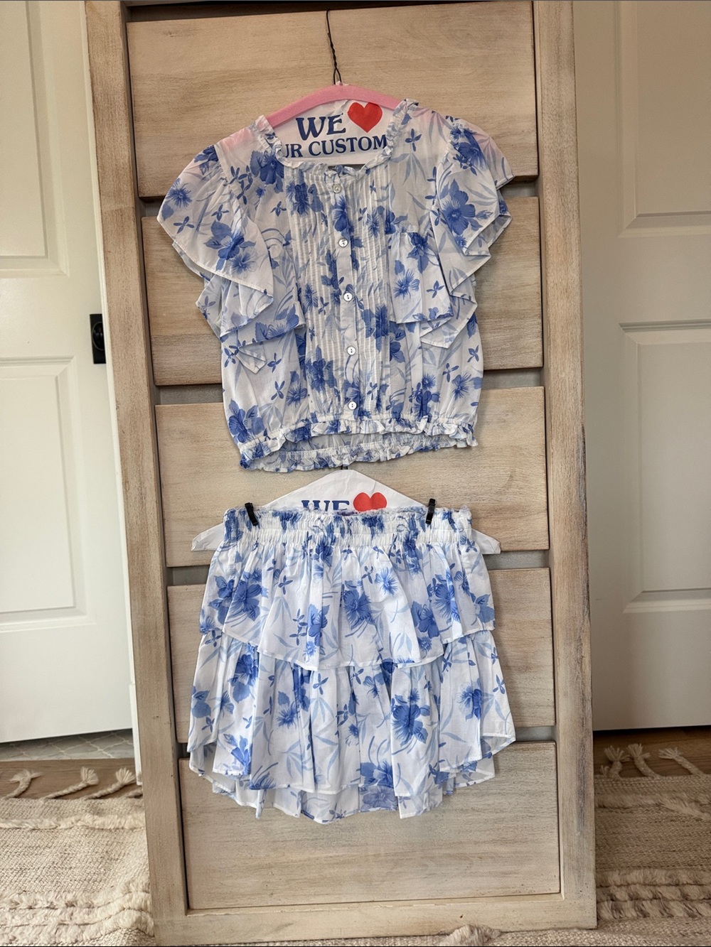 LoveShackFancy Blue & White Floral Ruffle Top and Tiered Skirt Set